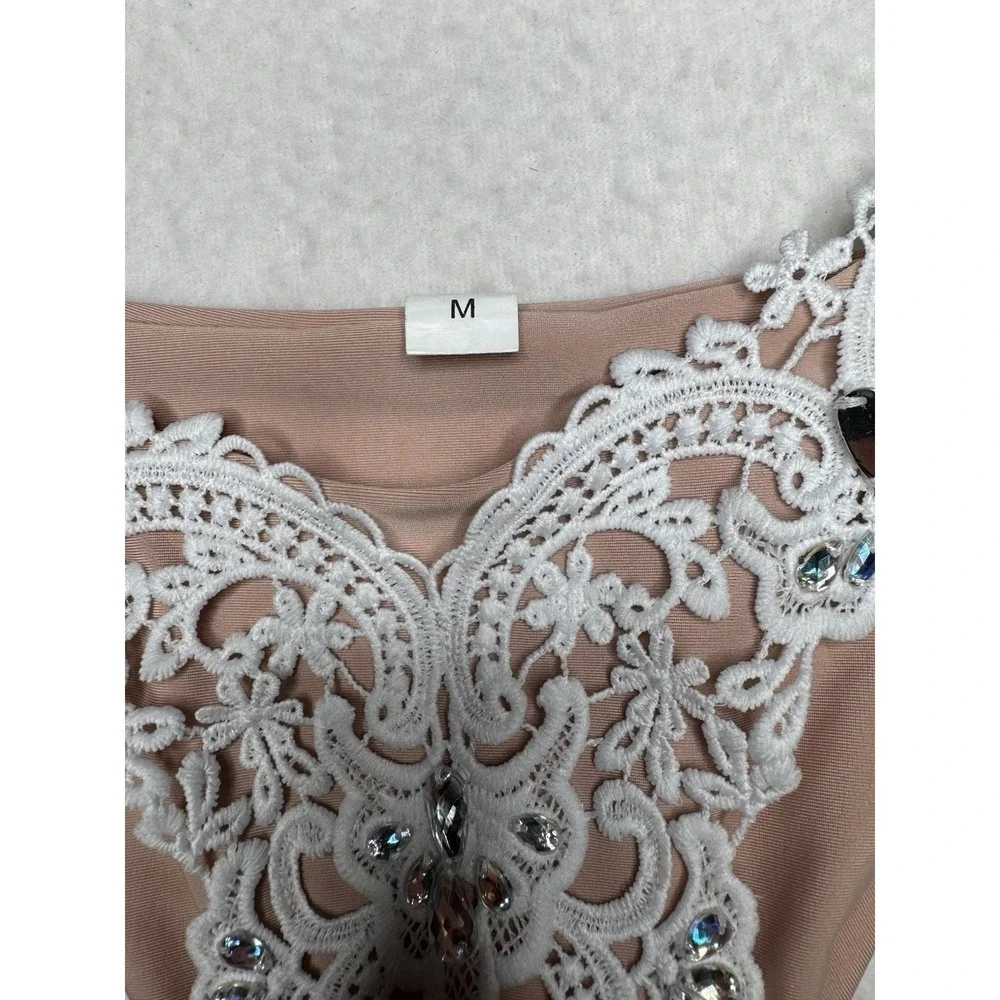Size M Women's Nude White Lace Rhinestone Tie Side Bikini Swimsuit Set